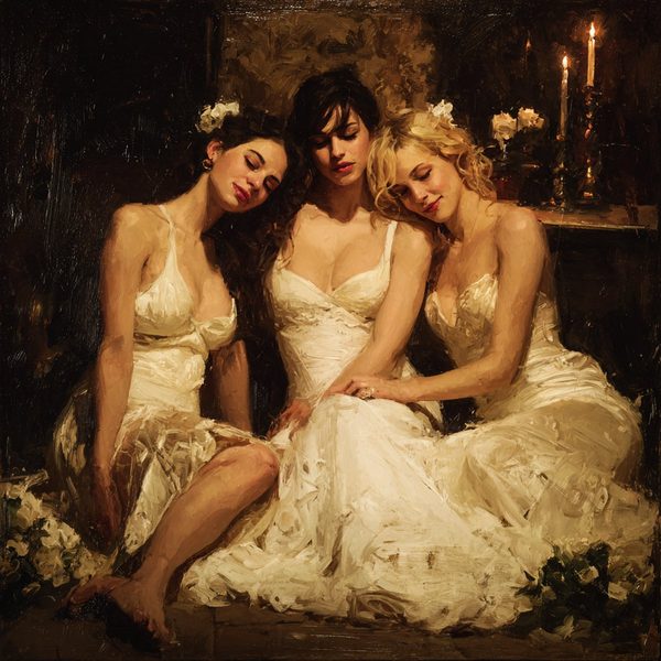 Three women in white dresses seated together among candles.