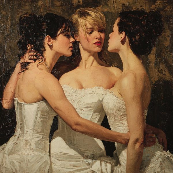 Three women in white corsets, two turned into a kiss.