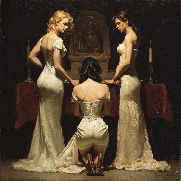Two brides standing over a third who kneels before an altar.