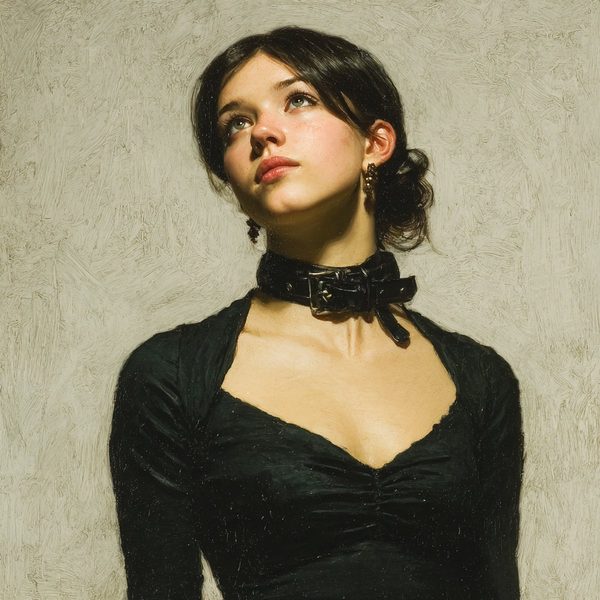 A young woman in a black top and a wide leather collar, looking up, against a pale ground.