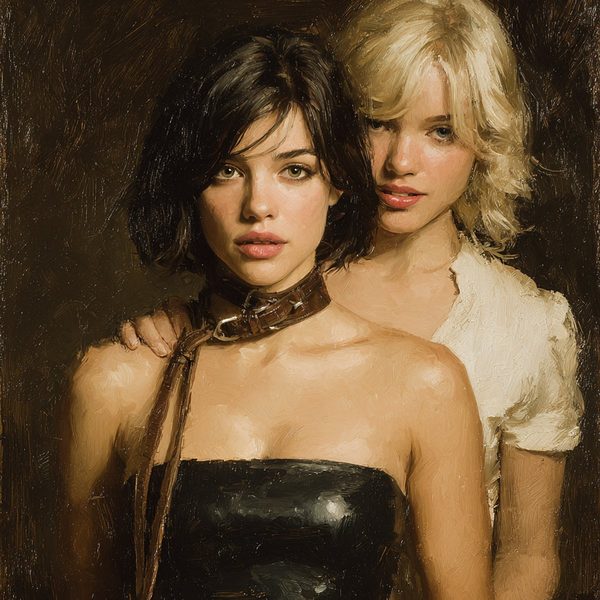Two women close together, the one in front in black with a leather lead running from her collar.