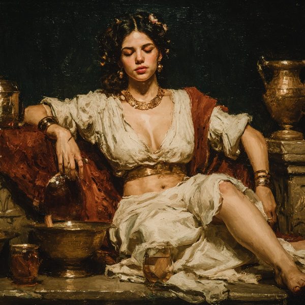 A woman reclining in a warm interior among brass vessels and drapery.