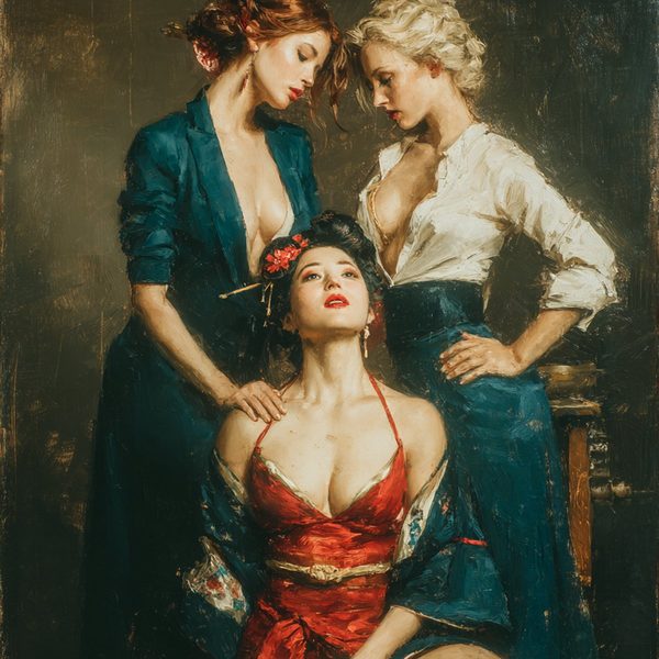 A woman in a red kimono kneeling while two others stand over her.