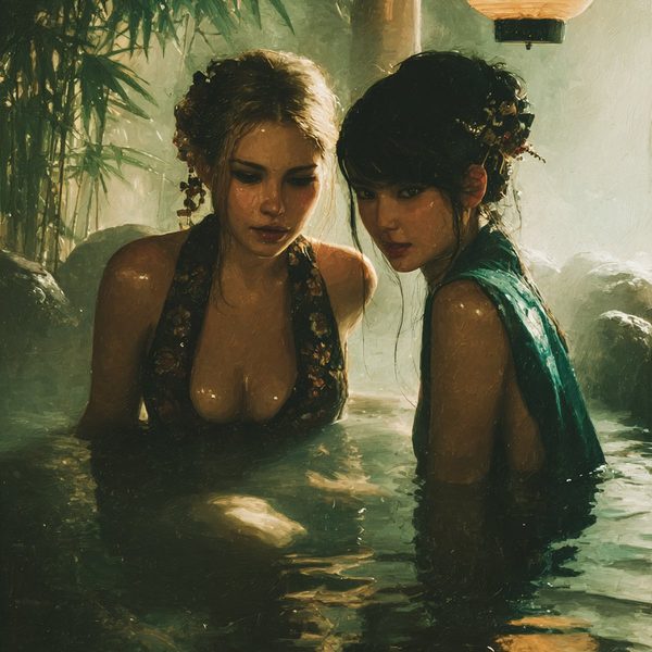 Two women waist-deep in the green water of a lantern-lit bathhouse.