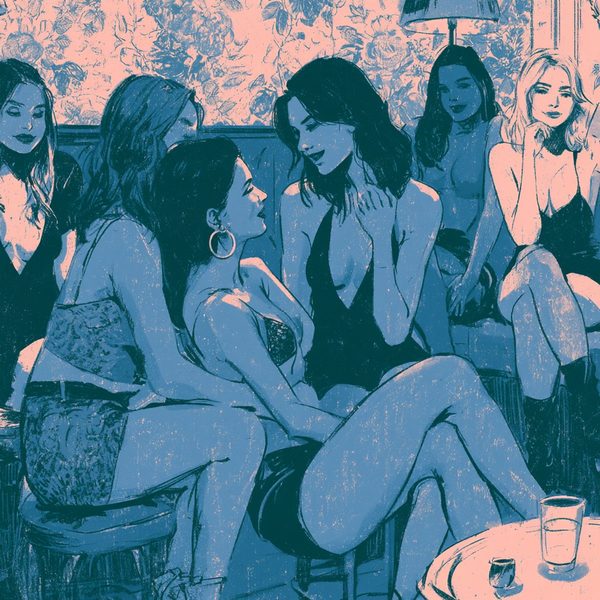 A flat blue and pink print of women drinking together in a bar.