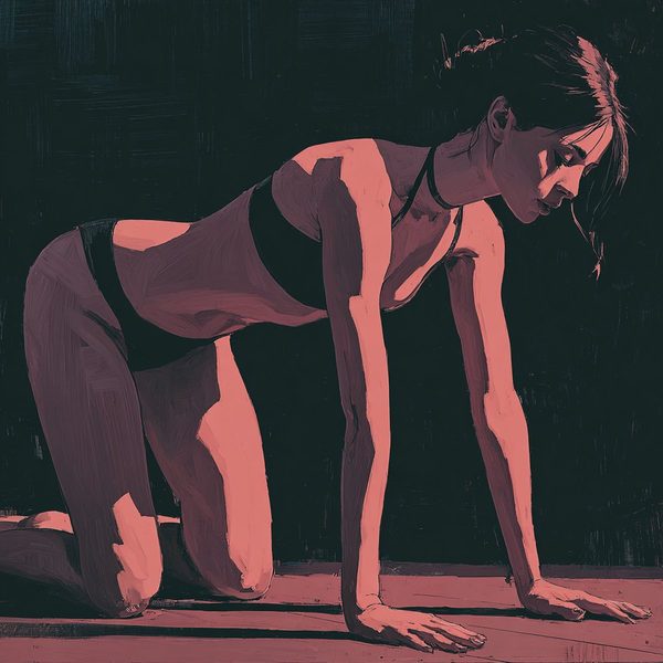 A violet print of a woman on her hands and knees.