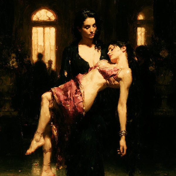 A woman in a dark gown holding another across her lap by candlelight.