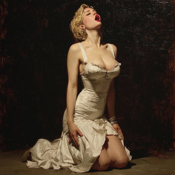A woman kneeling in white with her head tipped back and her hands bound.