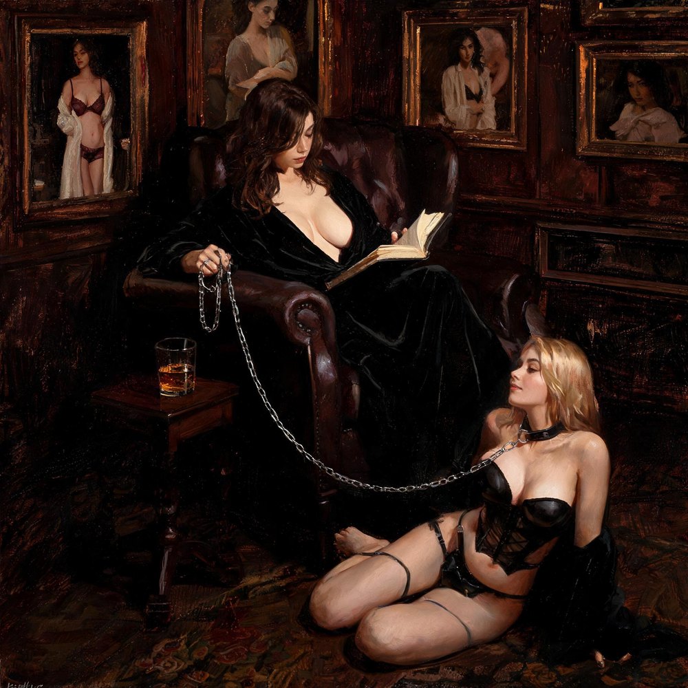 A woman seated in a dark panelled room holding a chain that runs to the collar of a woman kneeling at her feet, the walls hung with framed portraits of women.
