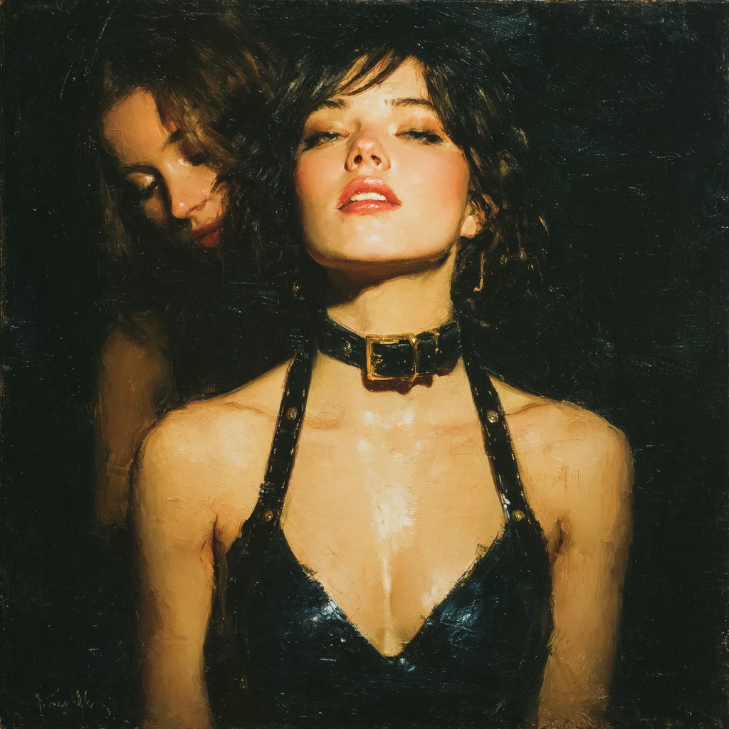 Oil painting of a woman in low warm light, head tilted back, wearing a black leather collar and harness over a dark bodice.